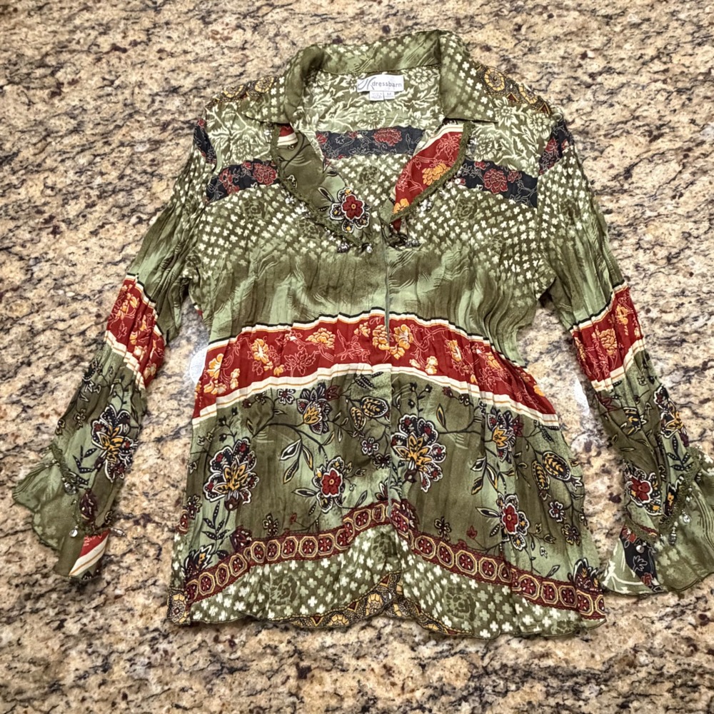 Dressbarn Womens Medium Olive Green Floral Patchwork Beaded Zip Front Blouse v